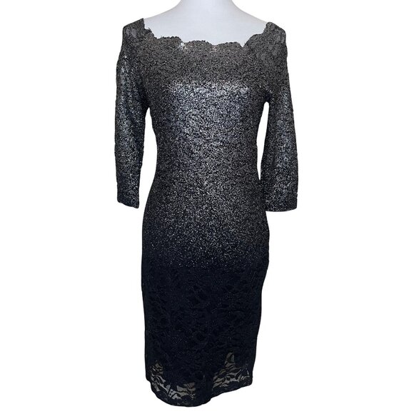 MARINA Dresses & Skirts - Marina Black Silver Sparkle Scallop Neckline Lace Midi Dress Event Occasion 8